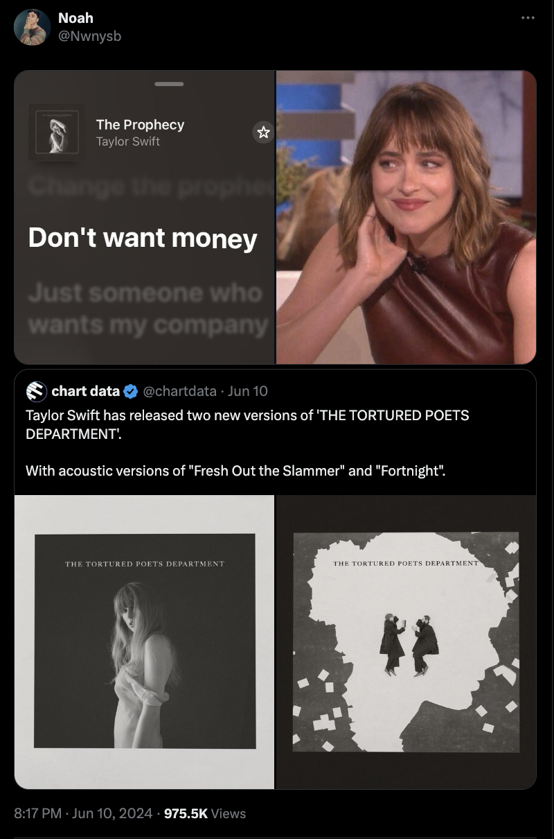 The Tortured Poets Department - Noah The Prophecy Taylor Swift Don't want money Just someone who wants my company chart data chartdata Jun 10 Taylor Swift has released two new versions of